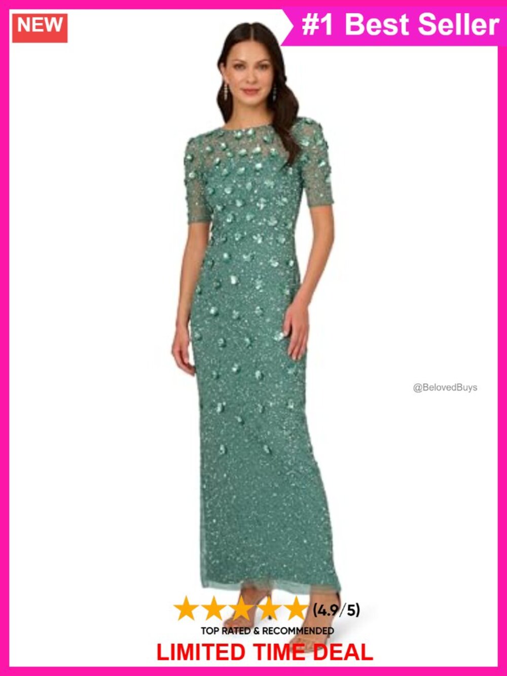 Long Sheath Dress Hand Beaded 3D Floral Mesh Formal